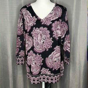 CHARTER CLUB WOMAN SIZE 0X PURPLE PAISLEY AND BLACK 3/4 SLEEVE BLOUSE NWT